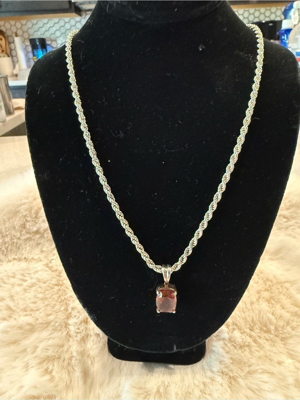 Silver Rope Chain Necklace with Pink Gemstone Pendant